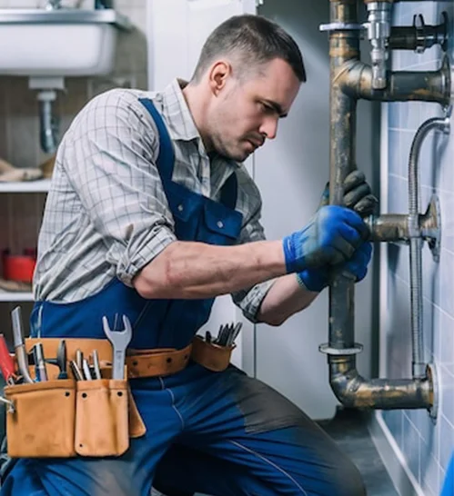 Residential plumbing services: technician conducting leak detection in a house.